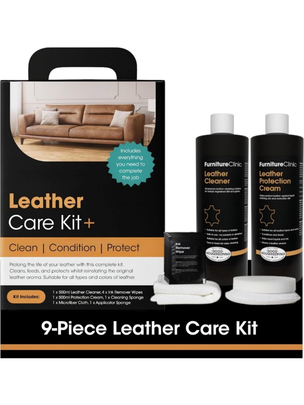 Leather Care Kit for Cleaning & Protection - Large Size, Furniture & Upholstery